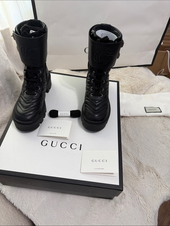 Gucci Shoes - Gucci Black Quilted Leather Lace-Up Combat Boots